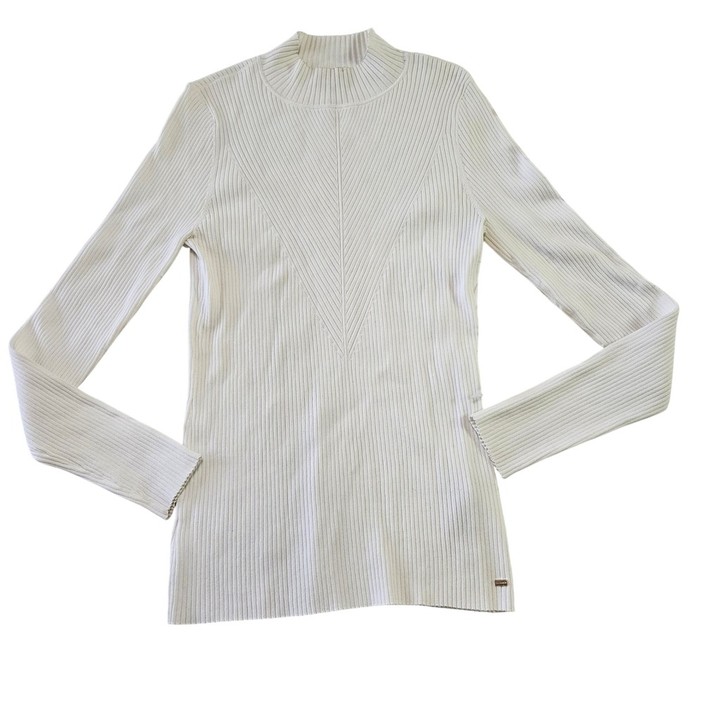 Ted‎ Baker Taralyn Neutral Ivory Ribbed Mock Neck Chic Minimalist Sweater Sz 3/L